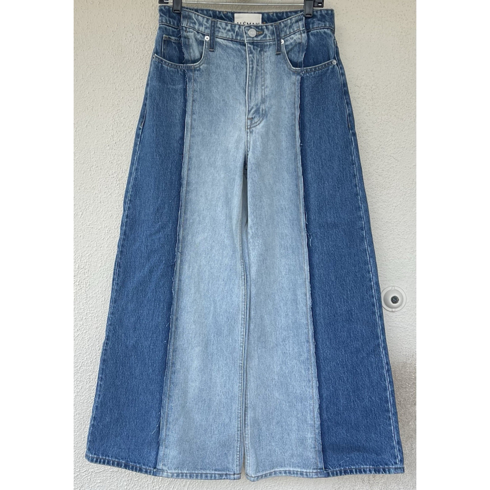 NWT Alemais Jacones Spliced Denim Jean Indigo Wide Leg Embroidered AU 10 US 6 - Picture 7 of 13